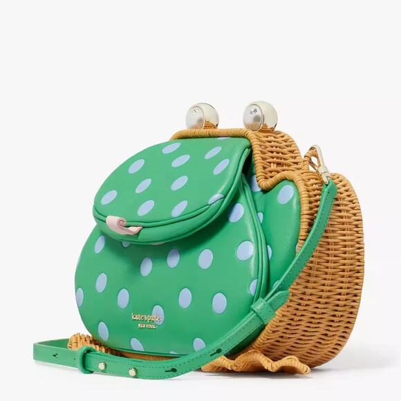 NWT Kate Spade Lily Polka Dot Wicker 3D Frog Crossbody/Green/Wicker-Leather - Picture 2 of 13